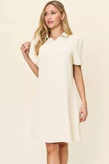 Double Take White Texture Collared Neck Short Sleeve Mini Dress