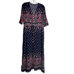 Bohemian Paisley Medallion Button Front Maxi Dress Navy Blue Red Women Large