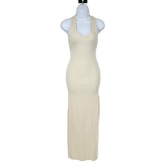 Weekend Stories Cut Out Back Ribbed Erykah Midi Dress in Beige Size XXS