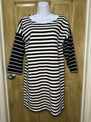 J. Crew Striped Ponte Cotton Dress Size M Navy Off White 3/4 Sleeve