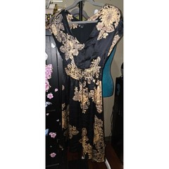 Banana Republic Silk Floral Studded Smocked Waist V-Neck Midi Dress Black Gold 2