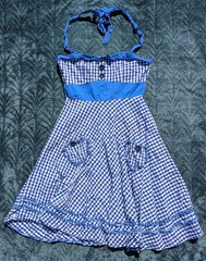 Retro Vintage Sexy 90s Blue White Gingham Rockabilly Pinup Halter Apron Dress