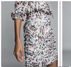 Reiss Dakota Floral V-Neck Ruched Chiffon 3/4 Sleeve Mini Dress 6 Gray Pink