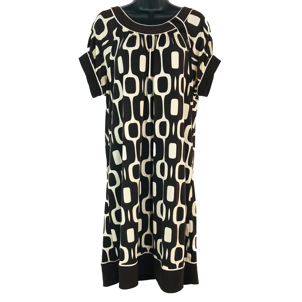 En Focus Studio Womens Brown Cream RetroSheath Dress Sz 14 Scoop Neck Cap Sleeve
