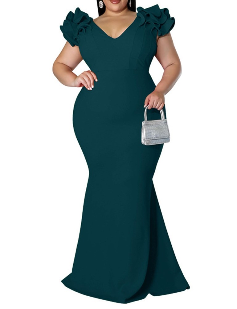 Ekaliy Women&rsquo;s Plus Size Maxi Dress Elegant V-Neck Ruffle Sleeves Bodycon