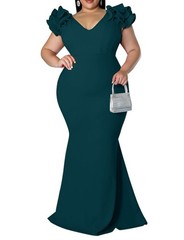 Ekaliy Women&rsquo;s Plus Size Maxi Dress Elegant V-Neck Ruffle Sleeves Bodycon
