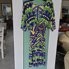 Multicolor Geometric Knee Length Dress Ruched Waist Keyhole Batwing Sleeve M