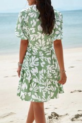 Random Print Button Down Belt Ruffle Midi Dress