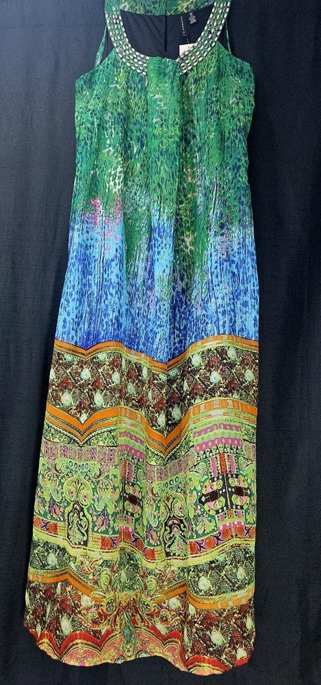 Cassee&rsquo;s Flowy Colorful Chiffon Maxi Dress Jeweled Neck Sleeveless Womens 2X XXL