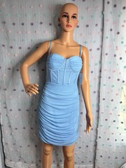 LINLAN Blue Ruched Mesh Bodycon Bustier Dress L 95% Polyester Sweetheart Neck