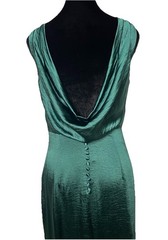 INA Hunter Green High Neck Satin Gown Sz S Cowl Scoop Back Button Accent