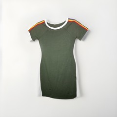 olive green -style mini dress. With a rainbow-stripes