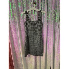Good Luck Gem Black White Gingham Mini Dress XS Checkered Bodycon Slit Sleeveles