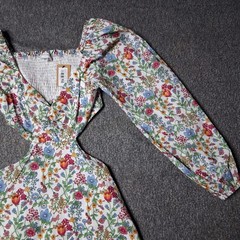 Vestique Floral Mini Dress S NWT 100% Cotton Off Shoulder Cut Out Waist Ruffle