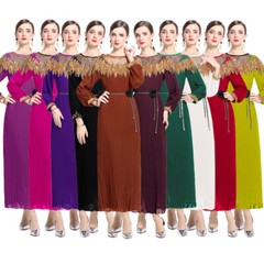 Chiffon Sequins Applique Loops Long Sleeve Women Casual Party Midi Pleated Dress