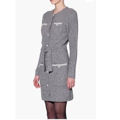 Walter Baker Grey Knit Beth Button Front Pearl Detail Belted Cardigan Dress LG