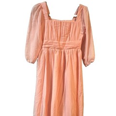 Women&rsquo;s Pink Square Neck Puff Sleeve Maxi Dress Smocked Chiffon Ruffle M