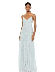 Mac Duggal 9166 Sz 14 Seamist Blue Embellished A-line Pearls Gown $598