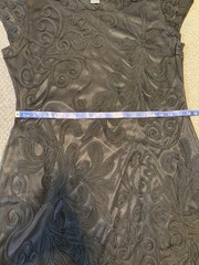 Damee Inc Black Soutache Lace Dress Size 14 VTG Midi Sheer Stretch Short Sleeve