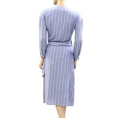 Sezane Robe Laurette Midi Dress Wrap Striped Embroidered Long Sleeve S-36 225