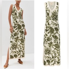 RRP US$748 Figue Roxanne Wool Cashmere Dress Ikat Floral Woodland Green NWT L