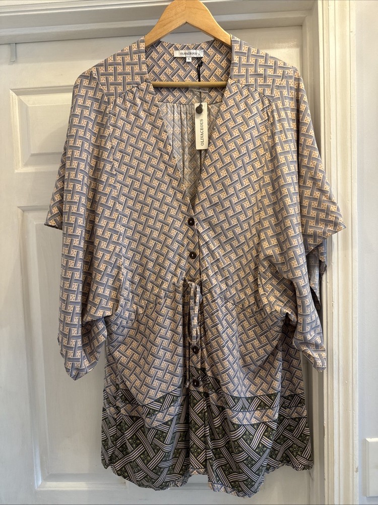 Olivaceous Pattern Kaftan/Tunic Drawstring Waist Size Large NWT Boho Loose Fit