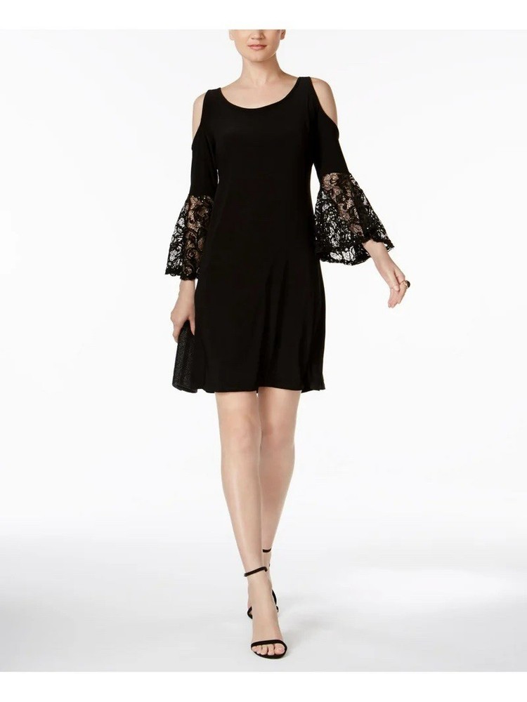 R&M Richards Black Dress with Lace Bell Sleeves Size 14W New with Tags Washable