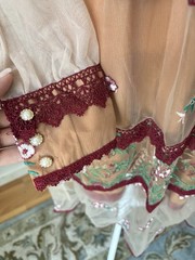 Kaimilan Red Floral Mesh Sheer Embroidered Lace Lantern Sleeve Midi S