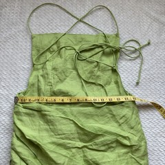 Linen Asymmetrical Mini Dress M L Lime Green Open Back Strappy Ruched Draped