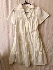 Joy Joy White Solid Collared Short Sleeve Button Front Tiered Shirt Dress XS