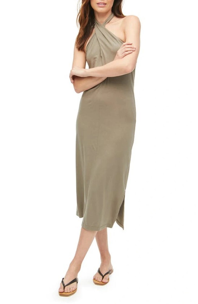 Michael Stars Hannah Womens Sage Sleeveless Cotton Blend Midi Halter Dress Sz L
