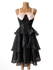 Lulus Black Cream Organza Tiered Midi Dress Satin Bow Formal Prom Gown Sz S NWT