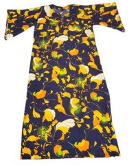 Vintage Floral Long Kaftan Dress Handmade Navy Yellow Green Abstract Print