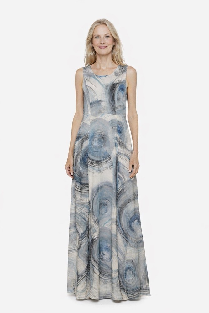 Dolcezza Art Simply 100% Linen Maxi Dress Blue Abstract Swirl Size Small