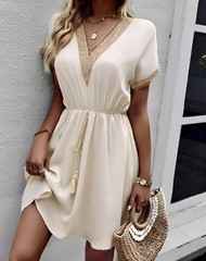 V Neck Lace Summer DRESS SOLID Short Sleeve SWEET A Line Party Sundress S-3XL
