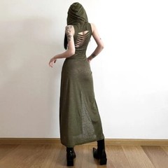 Gothic Dark Cyber Gothic Desert Walker Hooded Punk Grunge Hollow Out Midi Dress