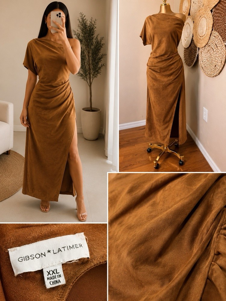 Gibson Latimer Brown Velvet Ruched Maxi Dress Slit Stretch Boat Neck XXL