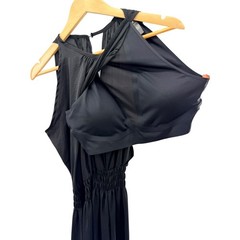 SheBird Emma Black Satin Knit Bateau Neck Built In Bra Midi Dress Smocked M L