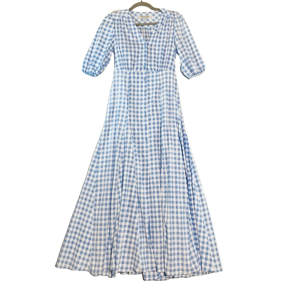 Taylor size 4 Small Blue Gingham Button Front Dress with Bow Silky NWOT