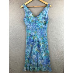 Vintage City Triangles Floral V Neck Sleeveless Midi Dress Women Size 7/8 Blue