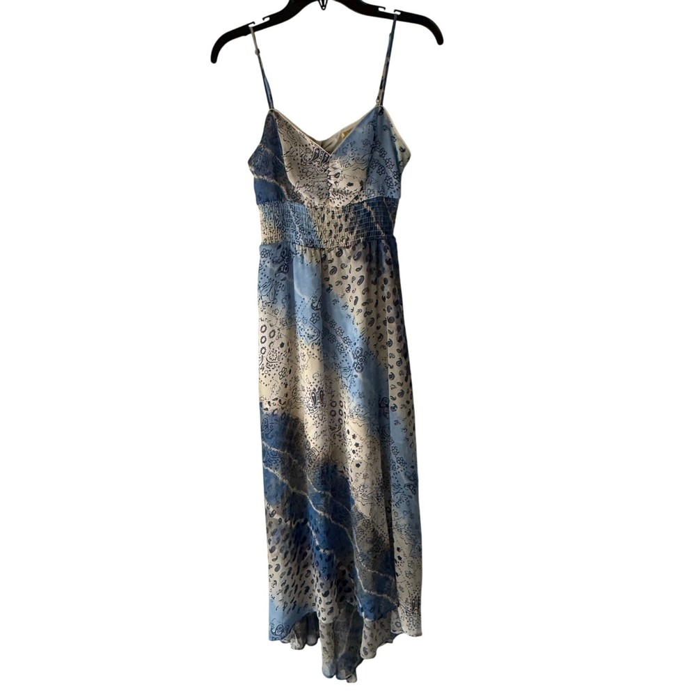 Princess Vera Wang Blue Patchwork Print Dress M Boho Y2K Midi Smocked Backless