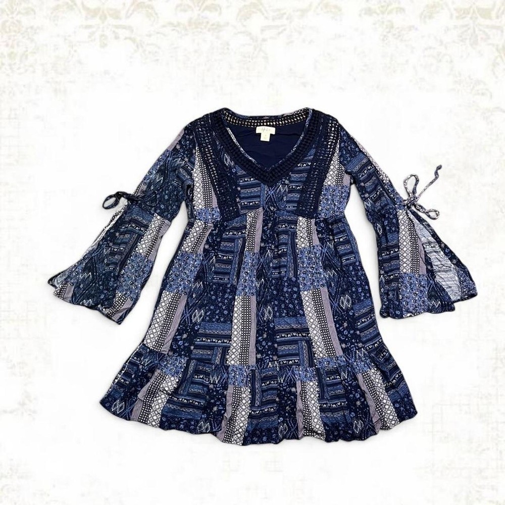 Style co boho multi pattern patchwork dress with bell sleeves