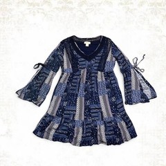 Style co boho multi pattern patchwork dress with bell sleeves
