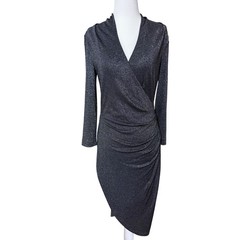 Nicole Miller Collection Silver Metallic Wrap Ruched Midi Dress BK10226 Size M