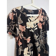 Nicole Miller Linen Blend Floral Dress Black Pink V-Neck Layered Hem Large
