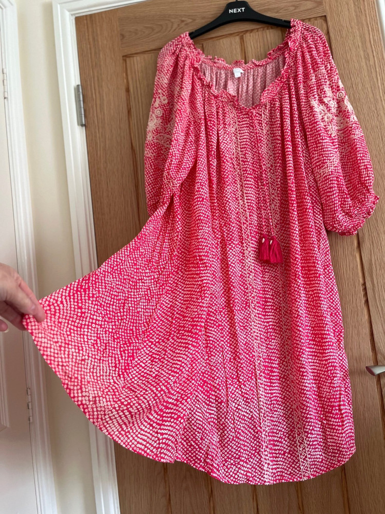 Monsoon Raspberry Red/Pink & White On-Off Shoulder Beach Dress, Size M, 16-18