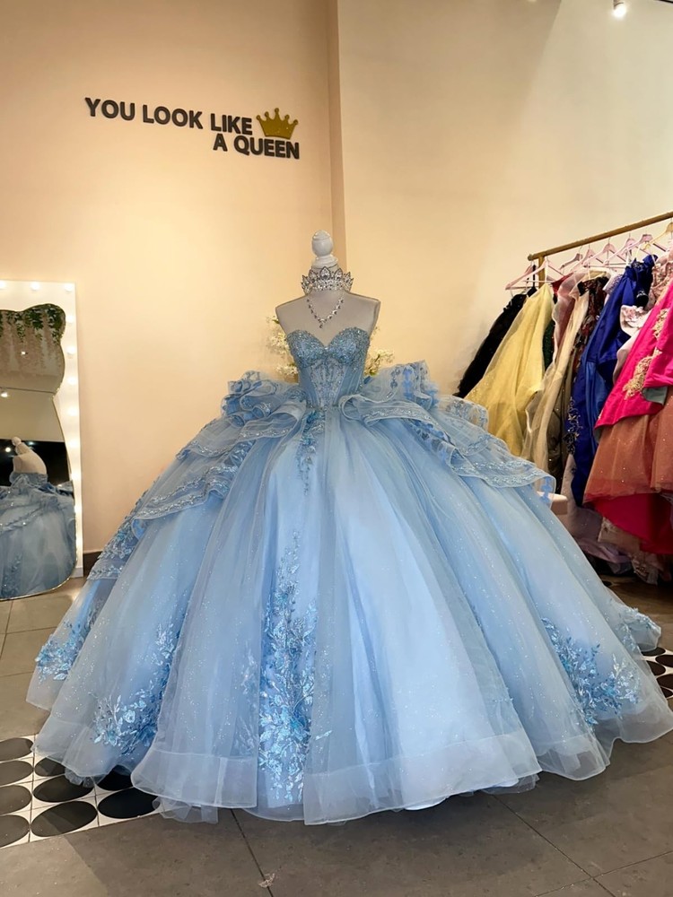 Princess Sky Blue Strapless Quinceanera Dress with Bow Lace Appliques Ball Gowns