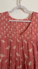 Coral Pink Flower And Bird Motiff Tiered Babydoll Dress Pom Pom Hemline sz Large