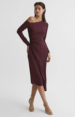 REISS Petite NADIA OFF-SHOULDER DRAPE BURGUNDY MIDI DRESS Size UK Size 4