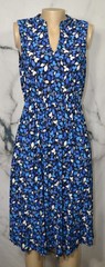 ANNE KLEIN Black Blue Beige Leaf Print Sleeveless Dress 10 Elastic Waist